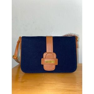 IMAN blue denim and brown crossbody purse